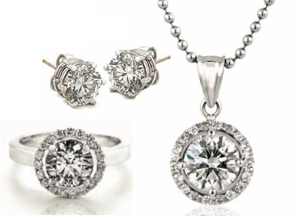  Clockwise from top left Stud earrings; Halo Pendant; Halo Ring