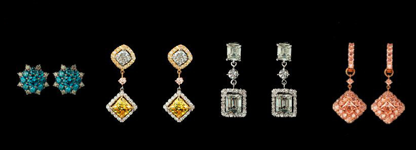  From left Blue diamond stud earings; Tricolor diamond dangling earrings; Emerald cut diamond dangling earrings; Pink diamond dangling earrings 