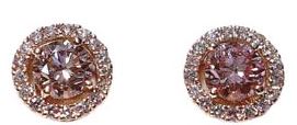 French pave stud earrings with ultra-rare fancy orange-pink cultured diamonds. 